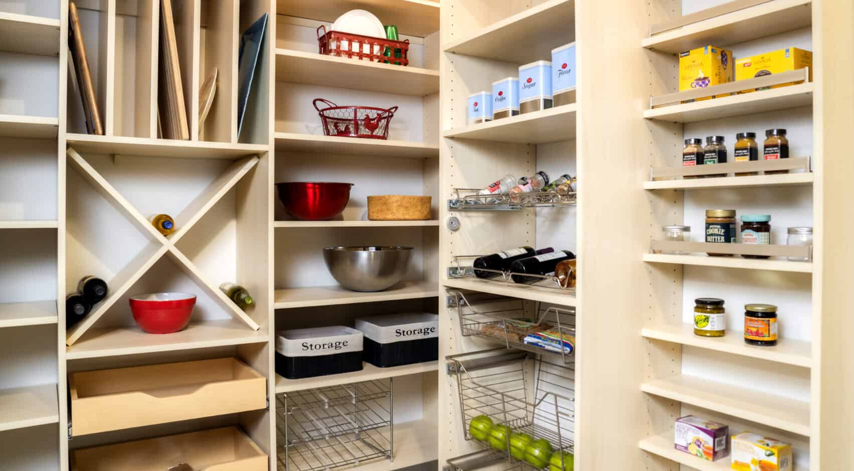 pantry storage with shelving and baskets to optimize space and functionality